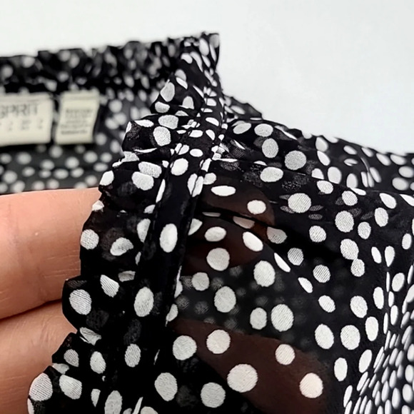 ESPRIT  Blouse Top Black White Polka Dots Semi Sheer Ruffle Long Sleeves Size XS - Picture 5 of 14
